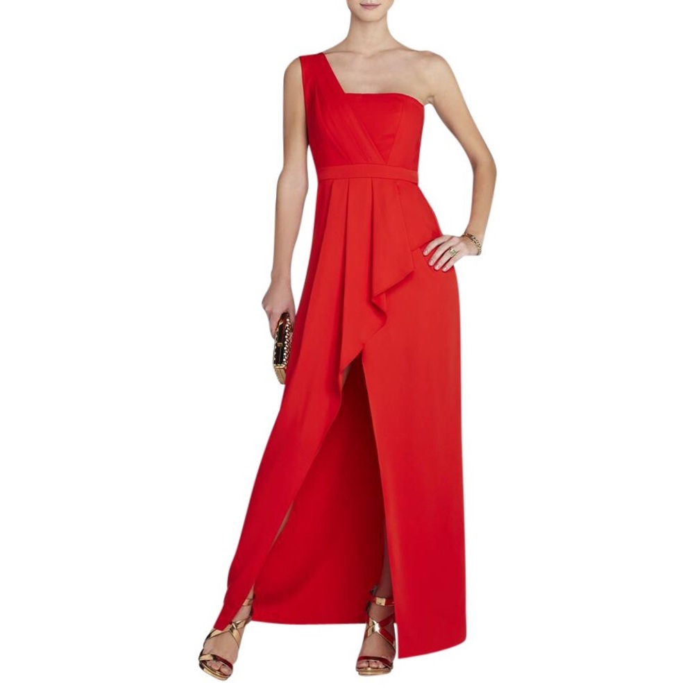 BCBGMAXAZRIA Red Peplum One Shoulder Gown